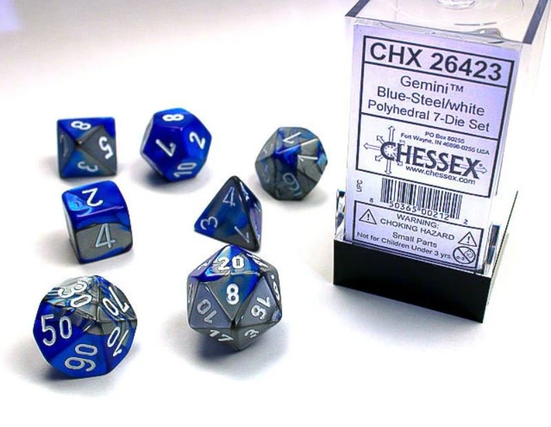 Set de 7 dés - Bleu-Acier/Blanc